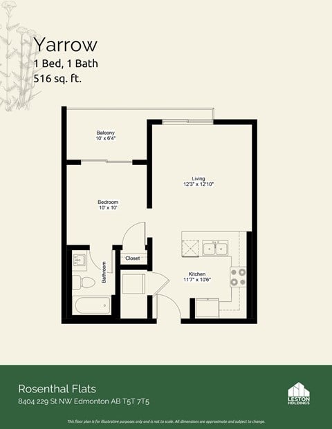 Floor plan for 1 bed, 1 bath, 577 sqft